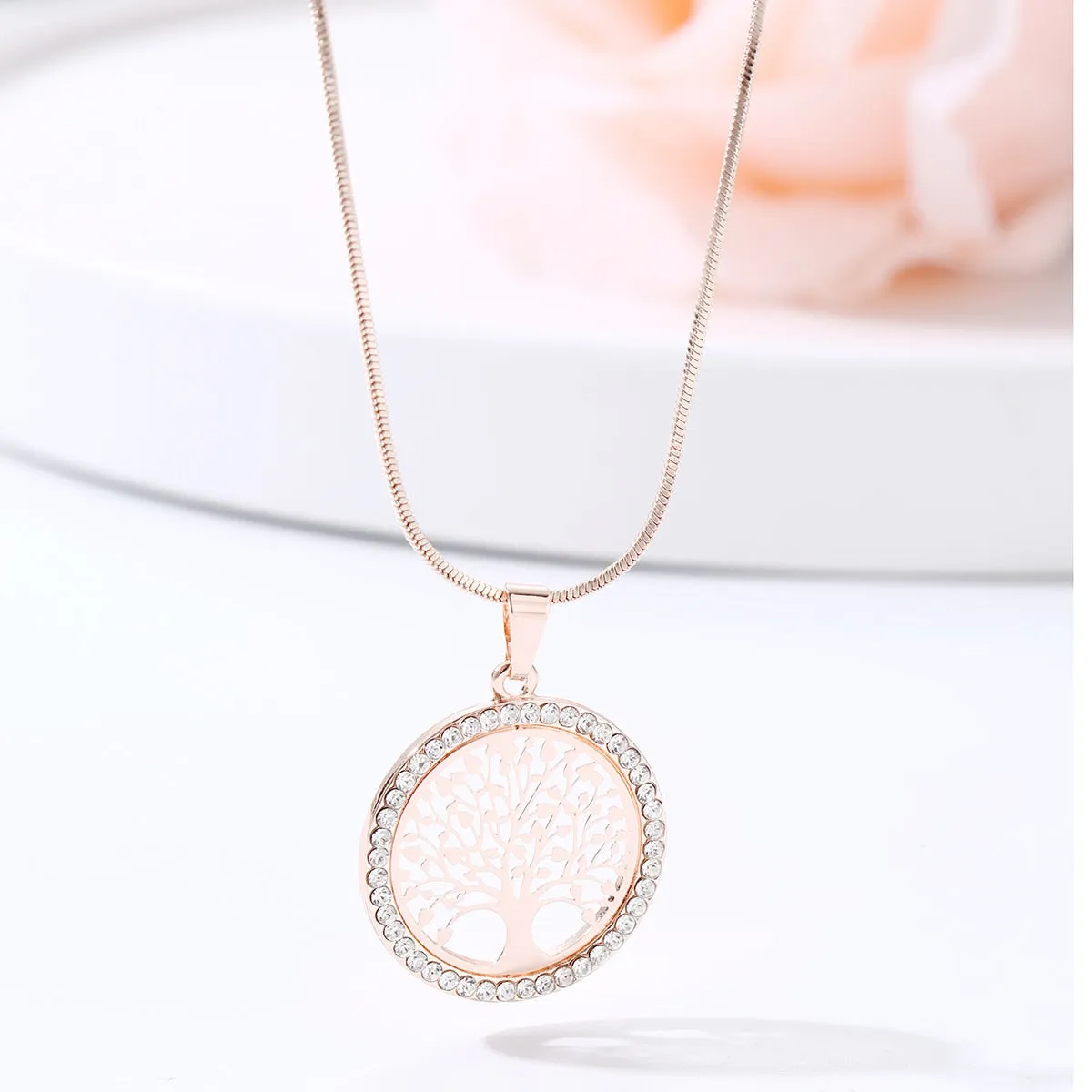 Tree of Life Crystal Round Small Pendant Gold Silver Color Elegant Jewelry Necklace For Women