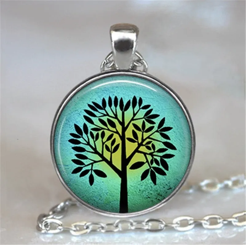 Tree Of Life Glass Cabochon Statement Necklace & Pendant Jewelry Vintage Charm Chain Choker Steampunk Jewelry for Women