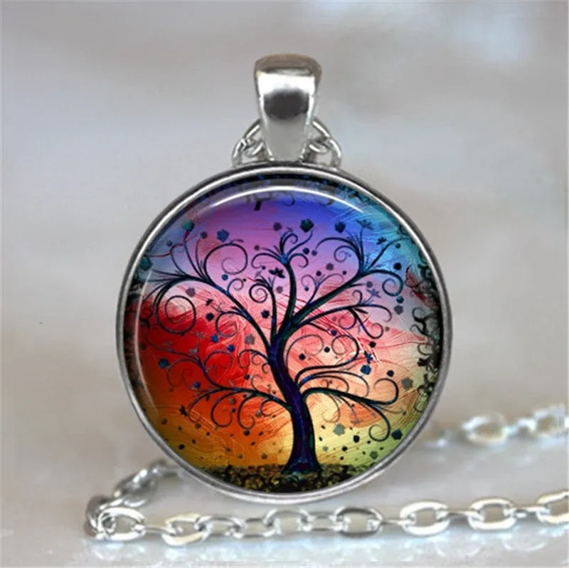 Tree Of Life Glass Cabochon Statement Necklace & Pendant Jewelry Vintage Charm Chain Choker Steampunk Jewelry for Women