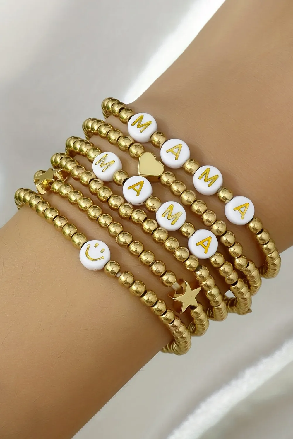 Women 6Pcs MAMA Heart Star Shape Beaded Bracelet Set