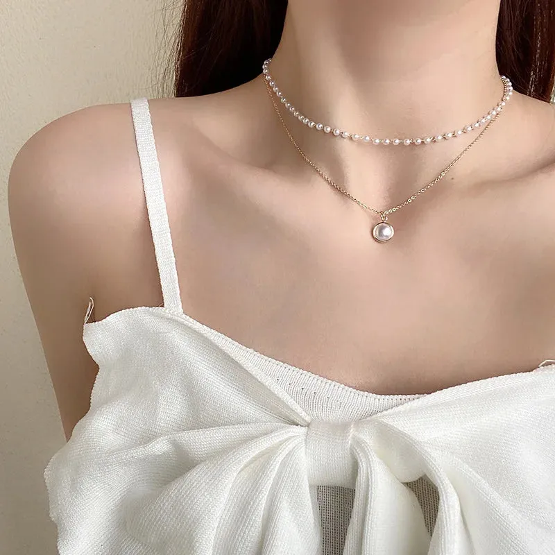 Women Choker Kpop For Chain Cute Pendant Double New Pearl Gift Jewelry Fashion Layer Girl Necklace