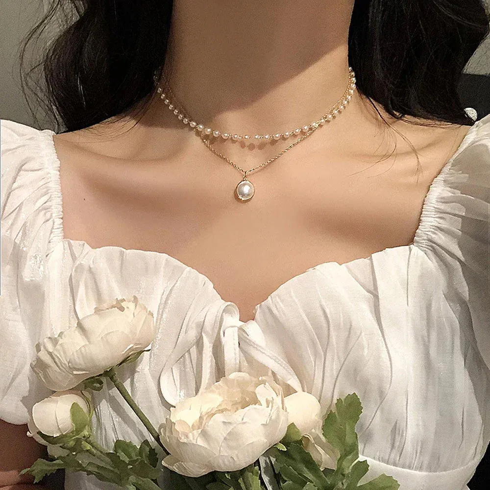 Women Choker Kpop For Chain Cute Pendant Double New Pearl Gift Jewelry Fashion Layer Girl Necklace