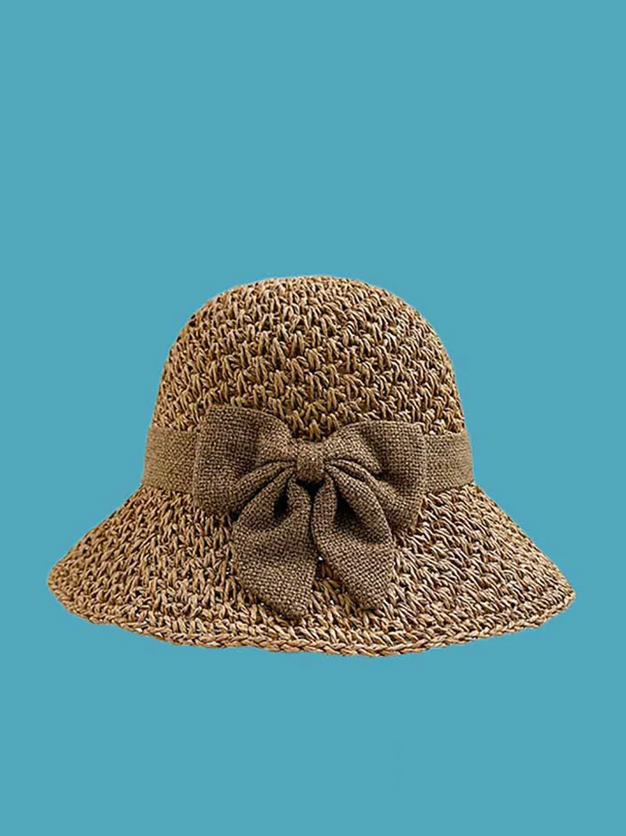 Women Summer Artsy Bowknot Straw Knitted Sun Hat