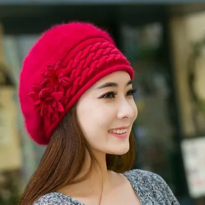 Wool Fur Lilies Flower Casual Warm Knitted Winter Beanie